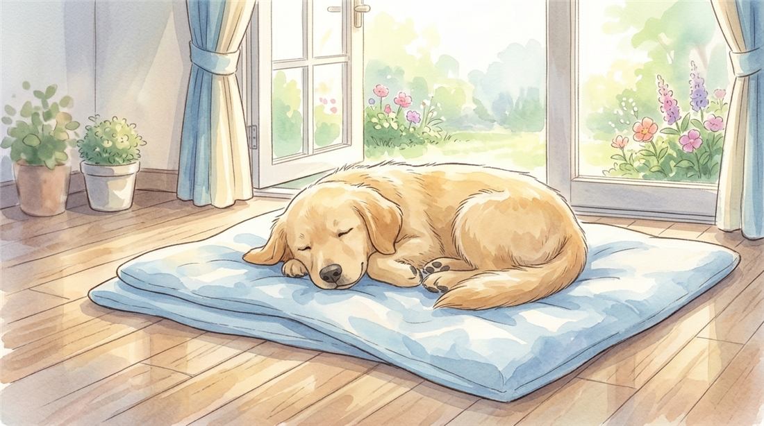 窓辺のマットで安らかに眠るゴールデンレトリバー