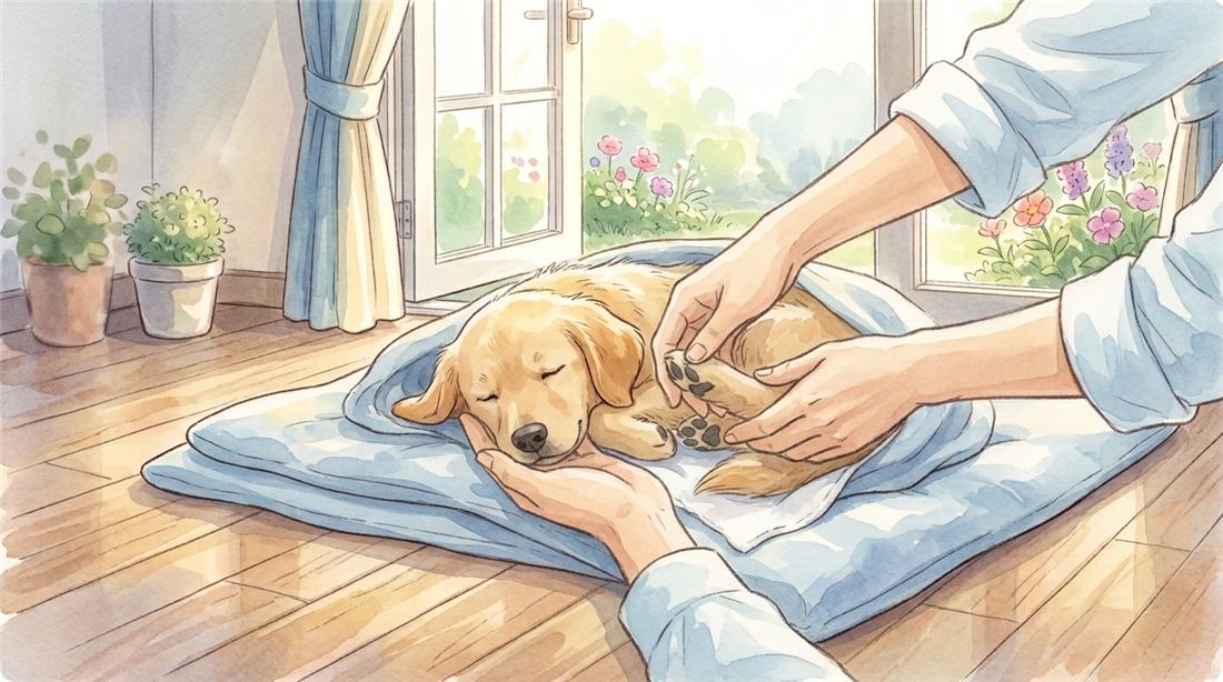 わんちゃんの手足をやさしく胸元へ寄せているところ