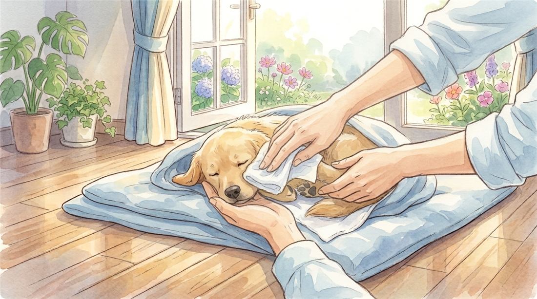 濡らしたタオルでわんちゃんのお体をやさしく拭いているところ