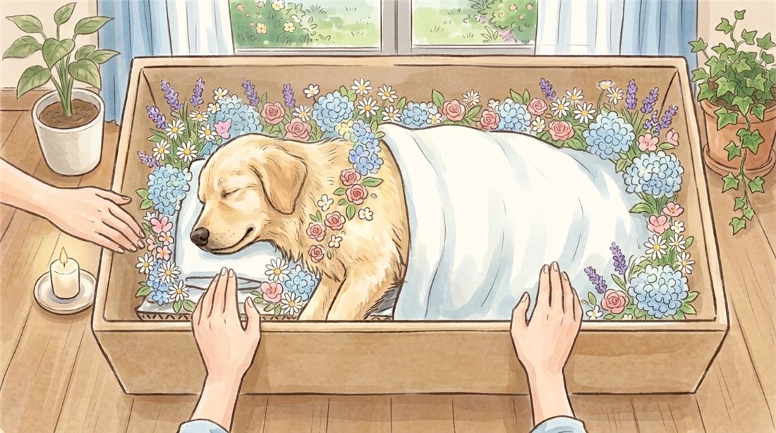 お花に囲まれ、白い布をかけて眠るわんちゃんに手を合わせているところ